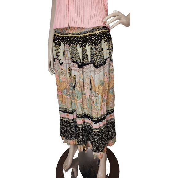 Vintage 80s Elephants People India City Life Tiered Mixed Media Broomstick Skirt - Picture 10 of 14